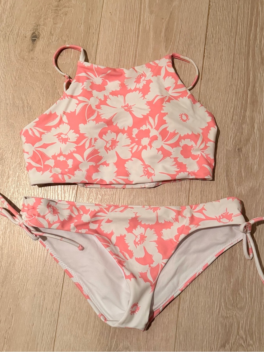 Raisins Coral Pink and White Floral High-Neck Bikini Set